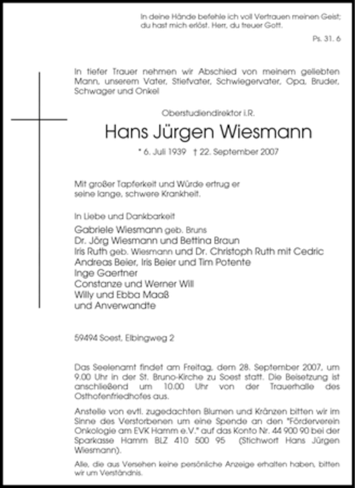  Traueranzeige für Hans Jürgen Wiesmann vom 25.09.2007 aus Tageszeitung