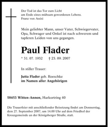 Traueranzeige von Paul Flader von Tageszeitung