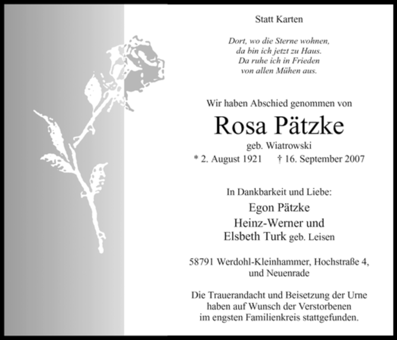 Traueranzeige für Rosa Pätzke vom 25.09.2007 aus Tageszeitung