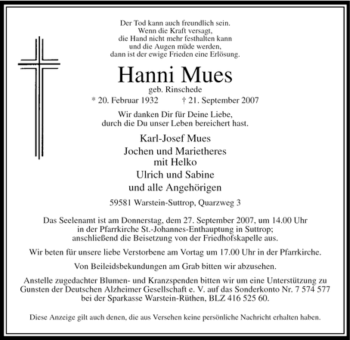 Traueranzeige von Hanni Mues von Tageszeitung