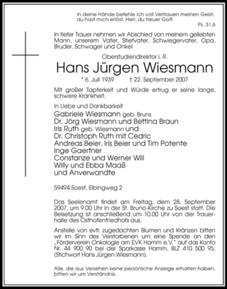  Traueranzeige für Hans Jürgen Wiesmann vom 25.09.2007 aus Tageszeitung