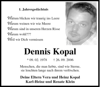 Traueranzeige von Dennis Kopal von Tageszeitung