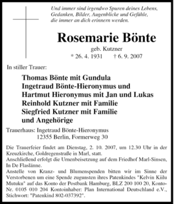 Traueranzeige von Rosemarie Bönte von Tageszeitung