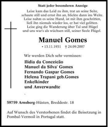 Traueranzeige von Manuel Gomes von Tageszeitung