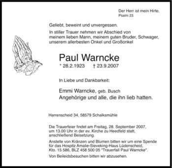 Traueranzeige von Paul Warncke von Tageszeitung