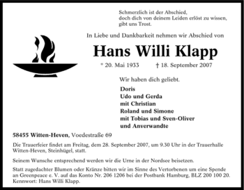 Traueranzeige von Hans Willi Klapp von Tageszeitung