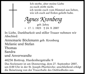 Traueranzeige von Agnes Kronberg von Tageszeitung