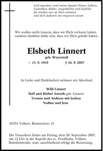 Traueranzeige von Elsbeth Linnert von Tageszeitung