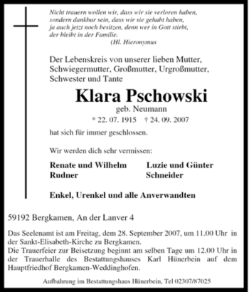 Traueranzeige von Klara Pschowski von Tageszeitung