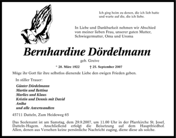 Traueranzeige von Bernhardine Dördelmann von Tageszeitung