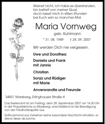 Traueranzeige von Maria Vornweg von Tageszeitung