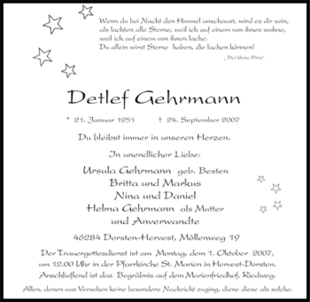 Traueranzeige von Detlef Gehrmann von Tageszeitung