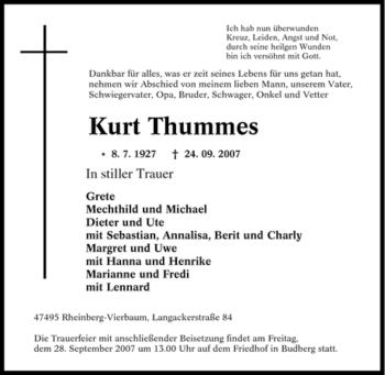 Traueranzeige von Kurt Thummes von Tageszeitung