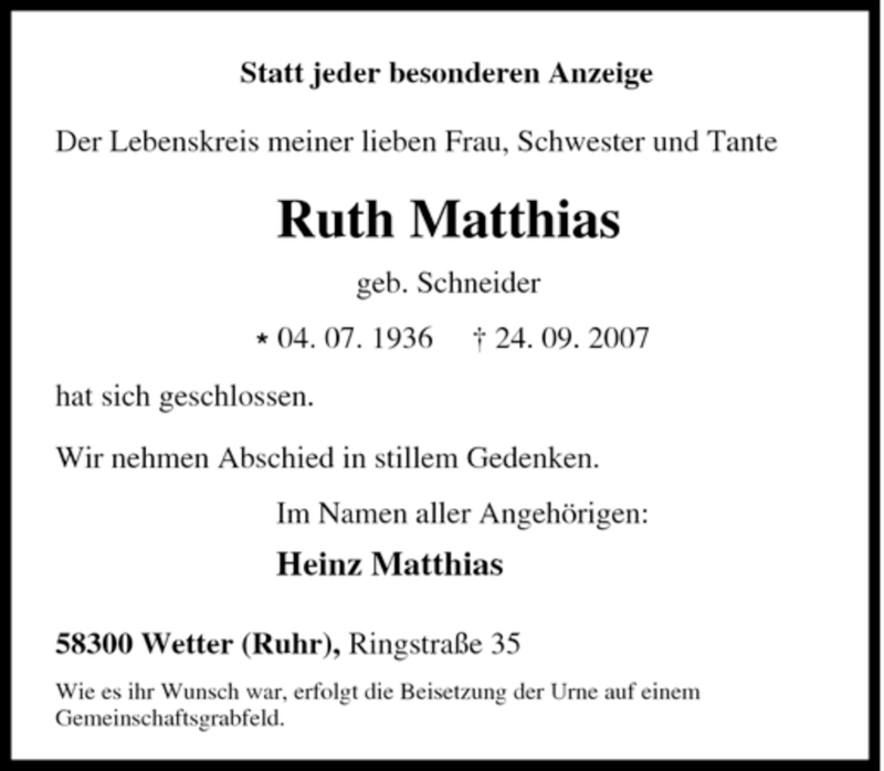  Traueranzeige für Ruth Matthias vom 26.09.2007 aus Tageszeitung