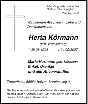 Traueranzeige von Herta Körmann von Tageszeitung