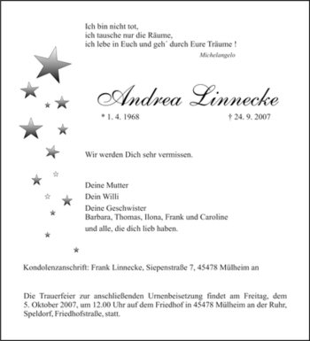 Traueranzeige von Andrea Linnecke von Tageszeitung
