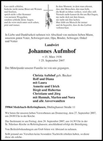 Traueranzeige von Johannes Aufmhof von Tageszeitung