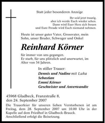 Traueranzeige von Reinhard Körner von Tageszeitung