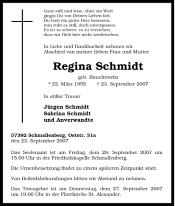 Traueranzeige von Regina Schmidt von Tageszeitung