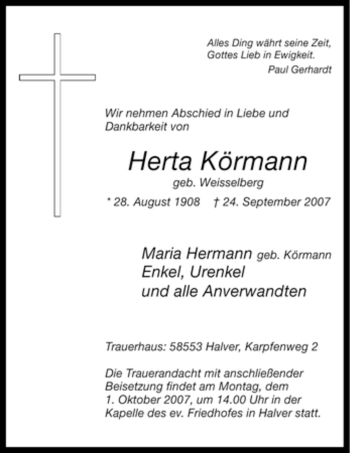 Traueranzeige von Herta Körmann von Tageszeitung