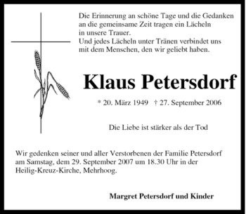 Traueranzeige von Klaus Petersdorf von Tageszeitung