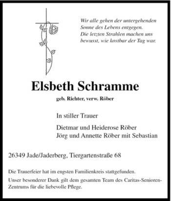 Traueranzeige von Elisabeth Schramme von Tageszeitung