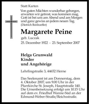 Traueranzeige von Margarete Peine von Tageszeitung