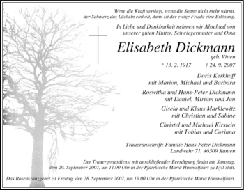 Traueranzeige von Elisabeth Dickmann von Tageszeitung