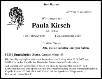 Traueranzeige von Paula Kirsch von Tageszeitung