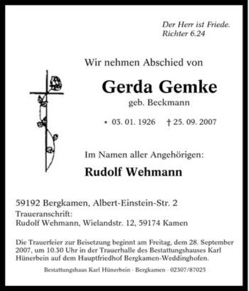 Traueranzeige von Gerda Gemke von Tageszeitung