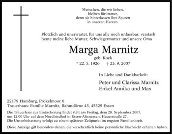Traueranzeige von Marga Marnitz von Tageszeitung