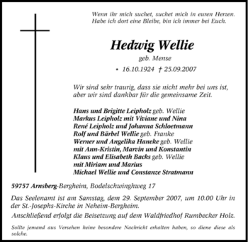 Traueranzeige von Hedwig Wellie von Tageszeitung