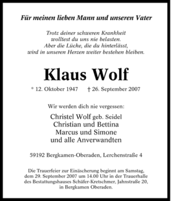 Traueranzeige von Klaus Wolf von Tageszeitung