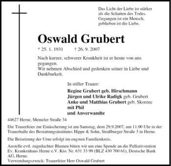 Traueranzeige von Oswald Grubert von Tageszeitung