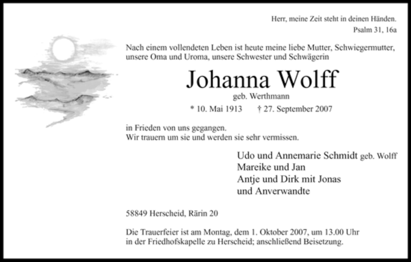 Traueranzeige für Johanna Wolff vom 28.09.2007 aus Tageszeitung