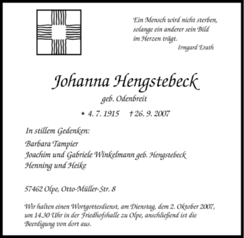 Traueranzeige von Johanna Hengstebeck von Tageszeitung