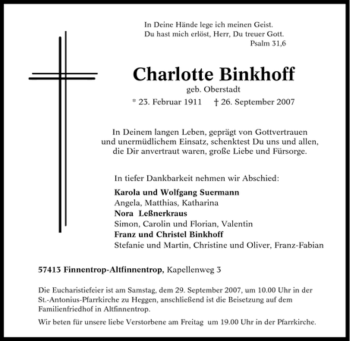 Traueranzeige von Charlotte Binkhoff von Tageszeitung
