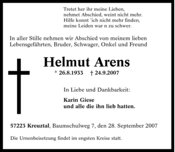 Traueranzeige von Helmut Arens von Tageszeitung