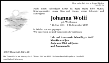 Traueranzeige von Johanna Wolff von Tageszeitung