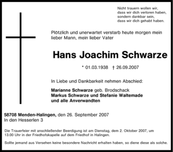 Traueranzeige von Hans Joachim Schwarze von Tageszeitung