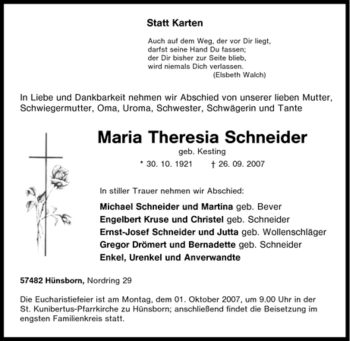 Traueranzeige von Maria Theresia Schneider von Tageszeitung