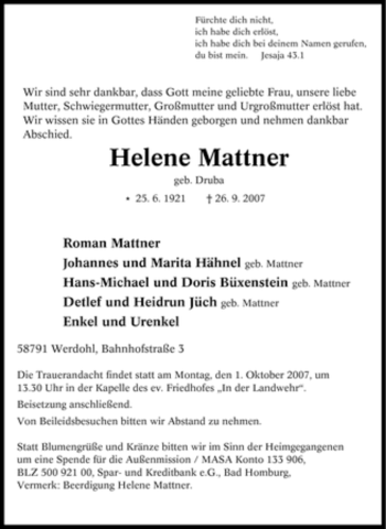 Traueranzeige von Helene Mattner von Tageszeitung