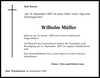 Traueranzeige von Wilhelm Müller von Tageszeitung