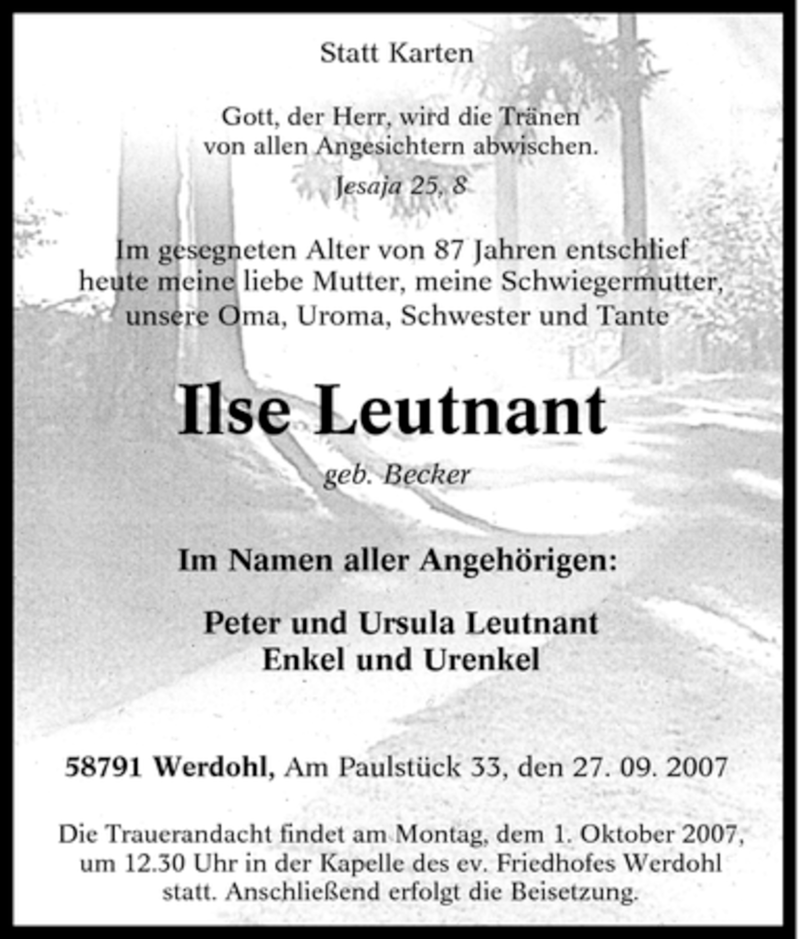 Traueranzeige für Ilse Leutnant vom 28.09.2007 aus Tageszeitung