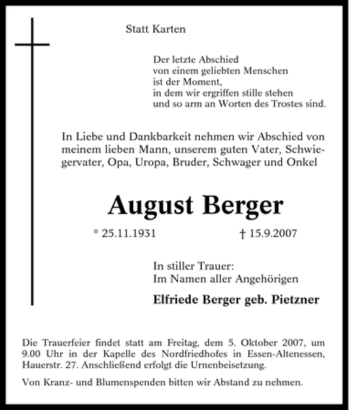 Traueranzeige von August Berger von Tageszeitung