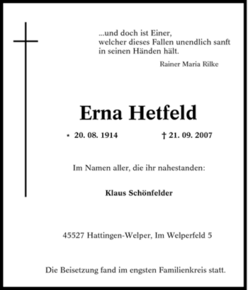 Traueranzeige von Erna Hetfeld von Tageszeitung