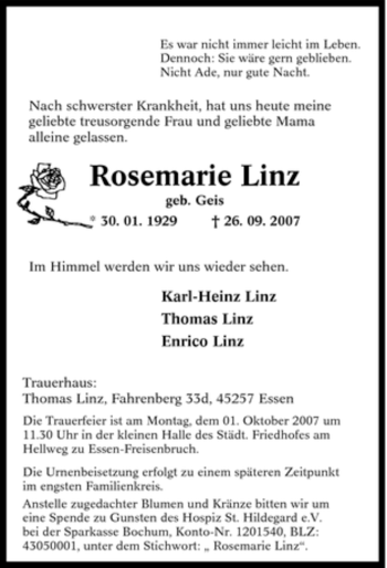 Traueranzeige von Rosemarie Linz von Tageszeitung