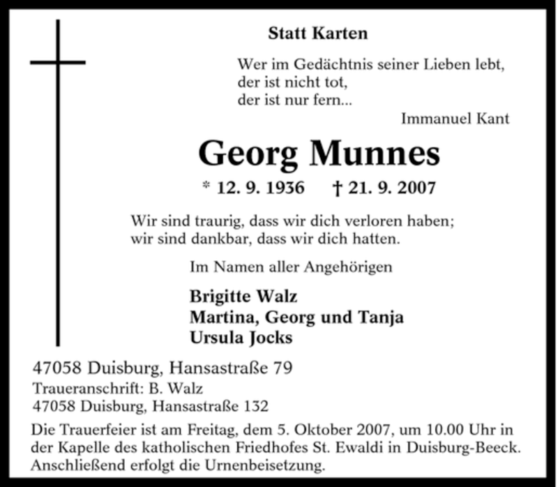  Traueranzeige für Georg Munnes vom 29.09.2007 aus Tageszeitung