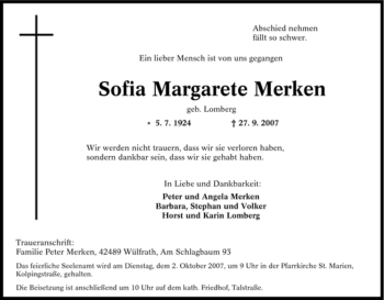 Traueranzeige von Sofia Margarete Merken von Tageszeitung