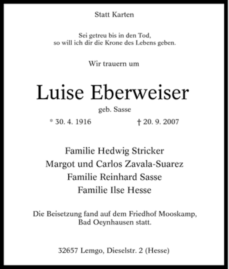  Traueranzeige für Luise Eberweiser vom 29.09.2007 aus Tageszeitung